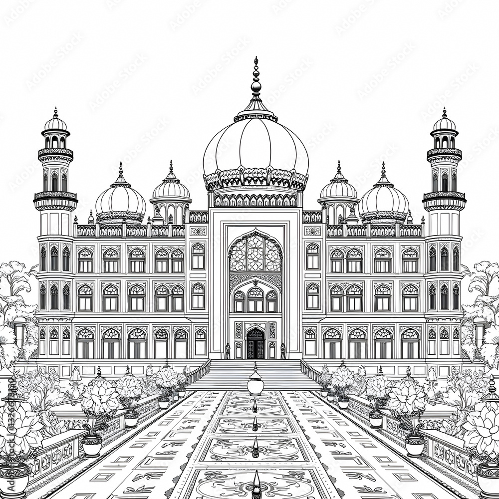 Intricate Line Drawing of Mughal Architecture Grand Mosque with Minarets and Dome in Black and White Intricate Line Drawing of Mughal Architecture Grand Mosque with Minarets and Dome in Black and White