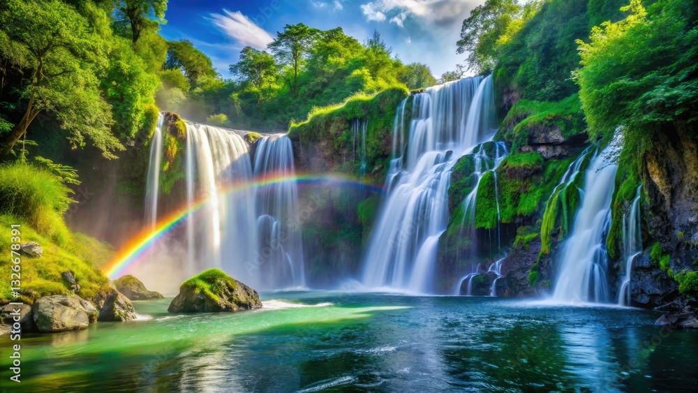 Obraz premium Majestic waterfall's spray creates a vivid rainbow, a stunning spectacle of nature's artistry.