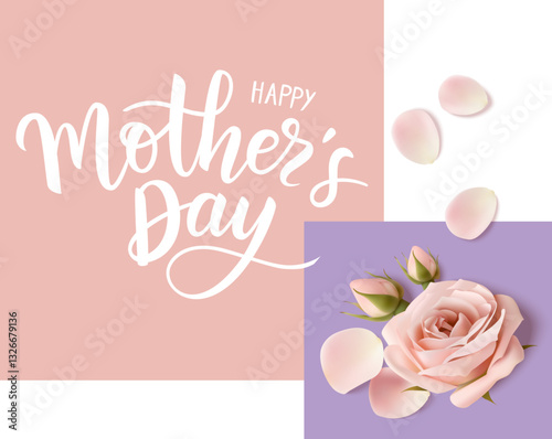 Happy Mothers day. Calligraphic greeting text. Holiday design template with realistic rose flower, bud and petal on pink background. Vector stock illustration.