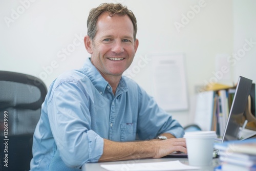 Happy smiling male sitting at desk in coworking office, drinking coffee from takeaway cup and doing work on his laptop, looking at camera