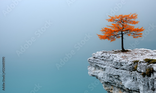 A solitary orange tree stands on a rocky cliff, surrounded by mist and water, creating a tranquil and serene atmosphere.