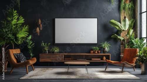 LED TV blank white screen mounted on a dark grey wall, creating a sleek and modern look, Mockup Led screen, 3D rendering, Full HD, 32k Resolution