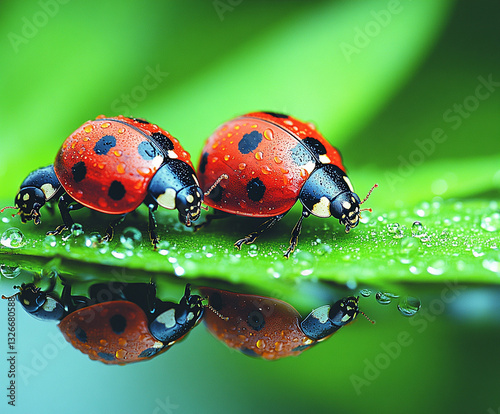 a photograph of ladybugs on the edge of water droplets, reflecting in a clear green background