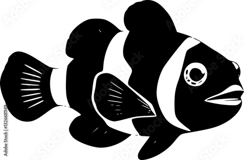 Monochrome clownfish779 illustration artistic black and white minimalist stylized marine life underwater creature nature wildlife ocean sea coral reef design graphic art print digital commercial decor