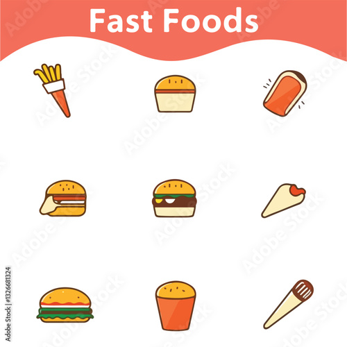 Fast food stickers set. Take out food icons, burger hamburger french fries cheeseburger paper cup soda juice cold drink street meal vector illustrations