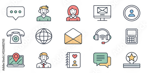 Communication icons including chat, people, devices, and symbols represent various methods of interaction. These icons convey essence of modern connectivity and engagement