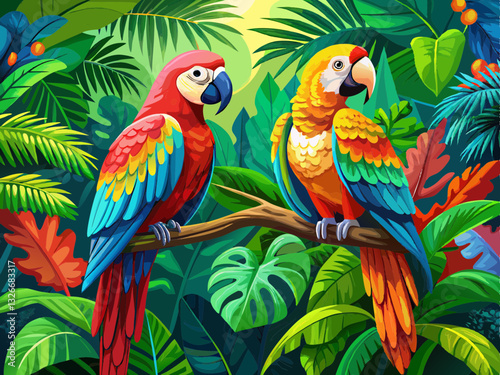 Vibrant Colorful Parrots Perched on a Branch in a Lush Tropical Forest.