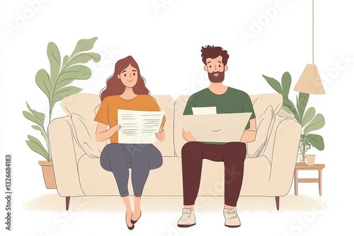 Young Couple Relaxing on Sofa Reading and Working on Laptop man home flat room happy woman modern   