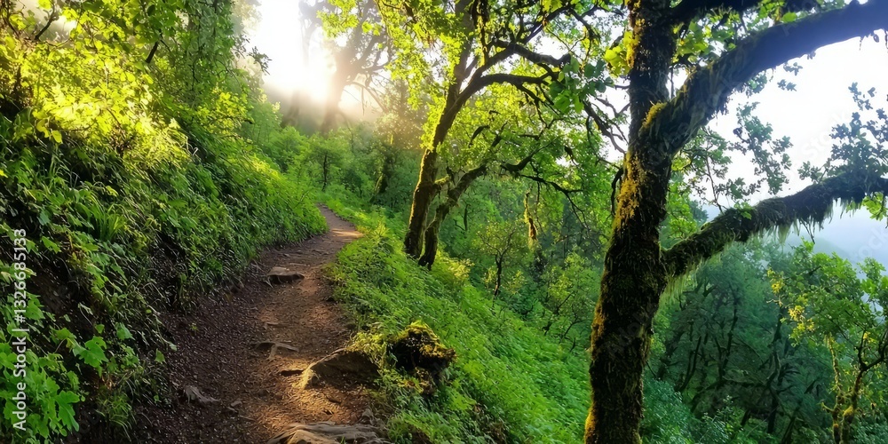 Obraz premium Serene Forest Pathway Through Lush Greenery at Sunrise