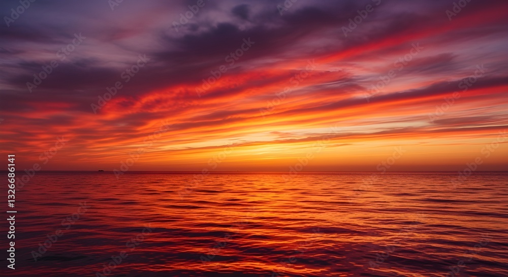 Fototapeta premium Atardecer ardiente sobre el océano: cielo dramático y colores reflejados