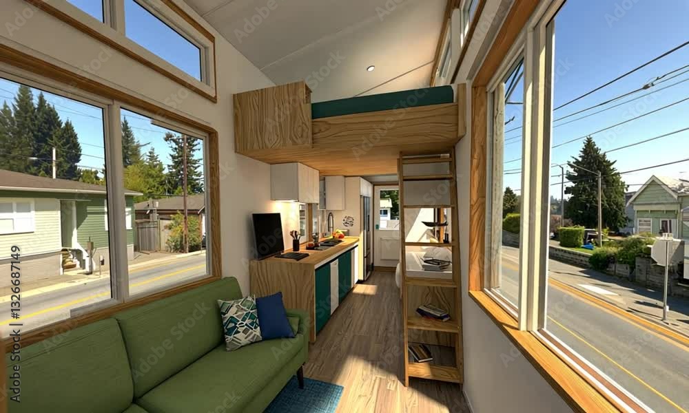 Compact home interior. Loft bed over kitchen/living area. Street view outside. Sunny