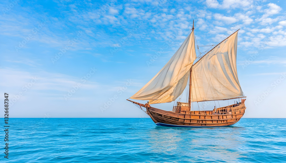 Wooden sailing ship on tranquil ocean