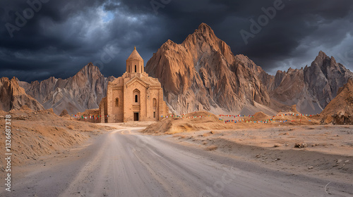 A solitary ancient structure stands amidst rugged mountains under a dramatic sky, evoking a sense of mystery and timelessness.