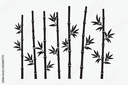 Bamboo forest stems, jungle bamboo silhouettes with branches and leaves, decorative vector illustration