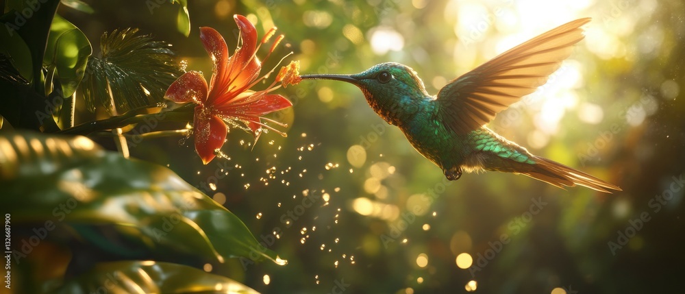 Fototapeta premium A mesmerizing close-up shot of a shimmering emerald green hummingbird, suspended in mid-air as it sips nectar