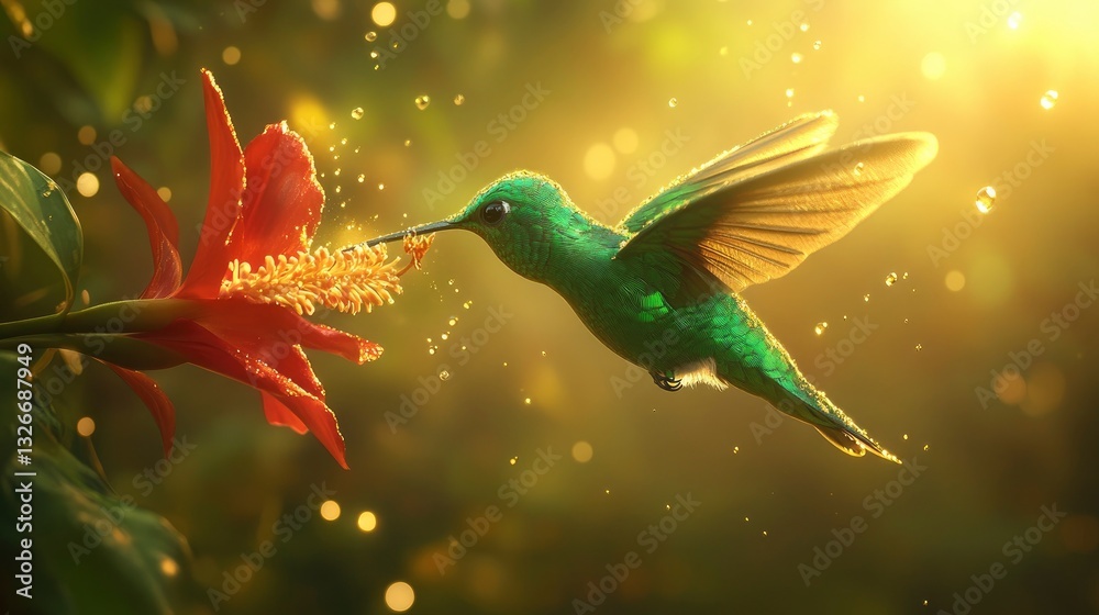 Fototapeta premium A mesmerizing close-up shot of a shimmering emerald green hummingbird, suspended in mid-air as it sips nectar