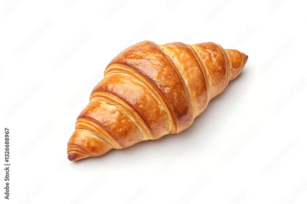 Single croissant pastry, freshly baked and golden brown, isolated on white background. Delicious breakfast pastry food item with crispy texture