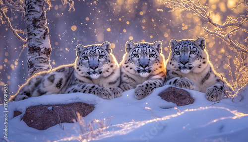 Three majestic snow leopards rest together in a snowy landscape, surrounded by soft light and winter trees.