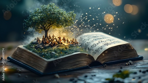 Captivating concert hall revealed through the turning pages of an open book showcasing an orchestra s masterful performance of a classical symphony