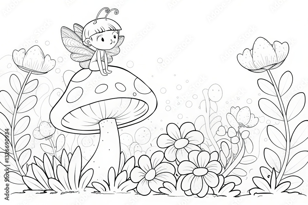 Garden theme, A whimsical fairy sitting on a mushroom surrounded by flowers and greenery. Outline for coloring Garden theme, A whimsical fairy sitting on a mushroom surrounded by flowers and greenery. Outline for coloring