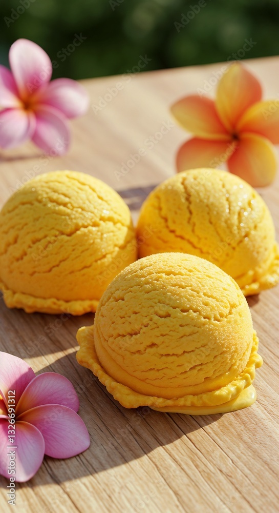 Three Yellow Ice Cream Scoops with Tropical Flowers on a Wooden Table Three Yellow Ice Cream Scoops with Tropical Flowers on a Wooden Table