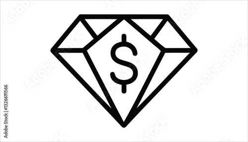 Diamond Money Icon. Wealth and Luxury Line Art Symbol.