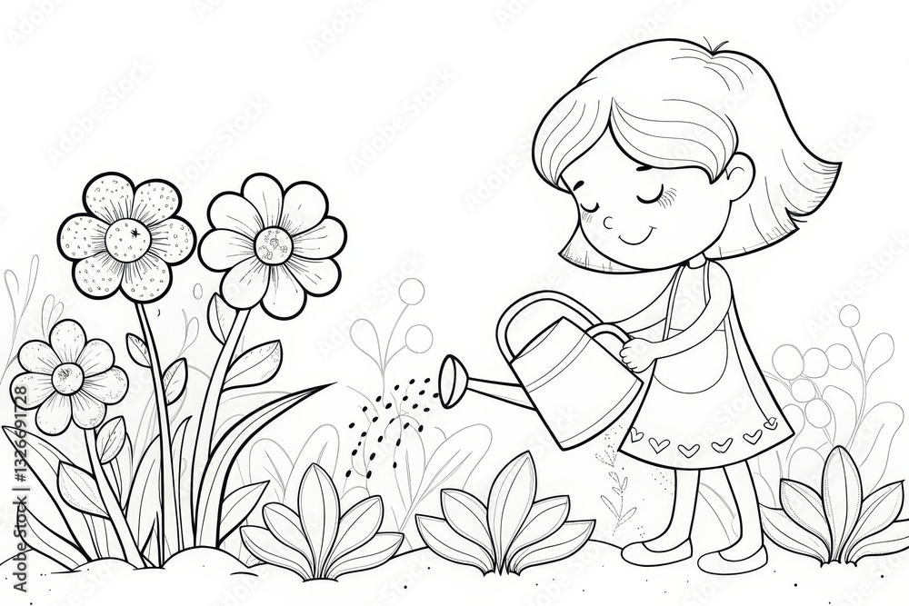 Obraz premium Garden theme, A girl waters flowers in a garden, nurturing plants with joy. Outline for coloring
