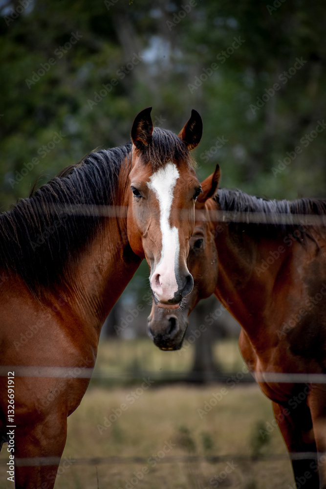 Naklejka premium close-up of two brown horses in a rural field 