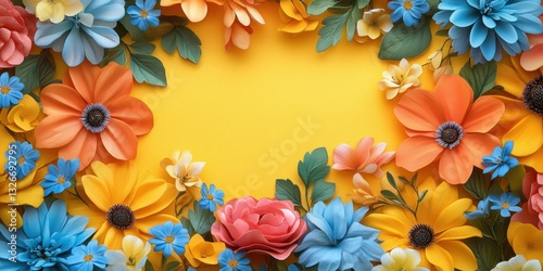 Bright and colorful flower arrangement with a vibrant yellow background showcasing various floral species in full bloom