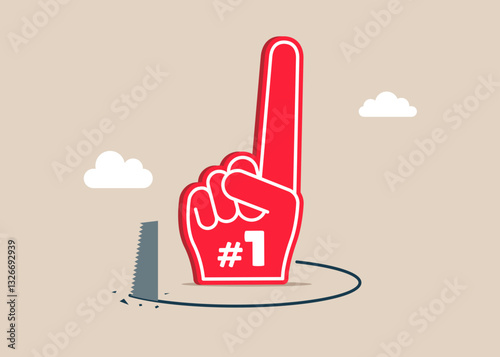Fan foam finger with number one theft. Thief sawing the floor. Fraud and failure business. Flat vector illustration.