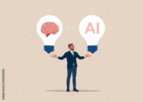 Businessman controlling artificial intelligence technology. Flat vector illustration