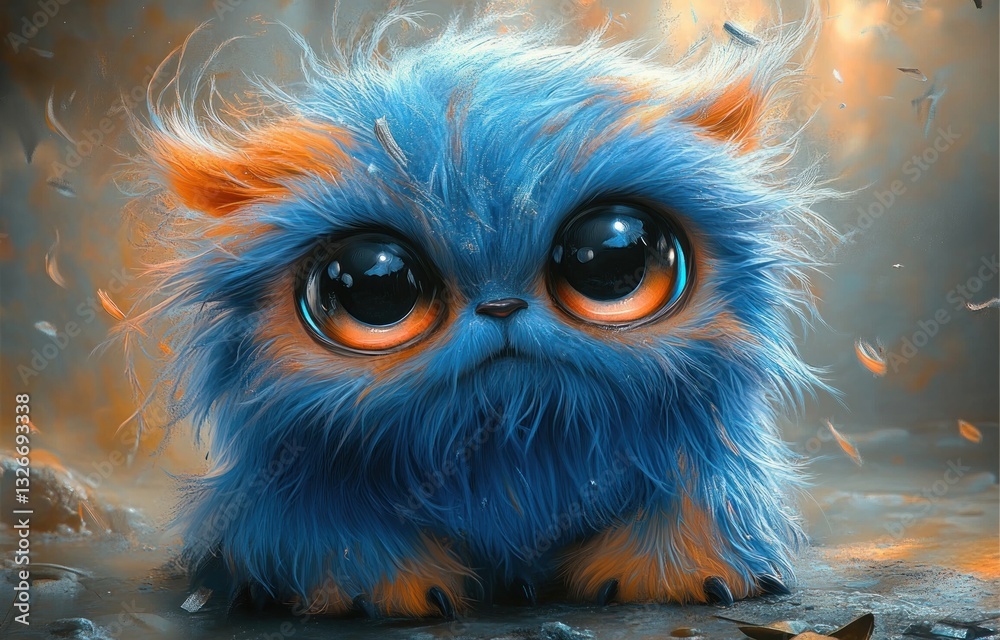Fototapeta premium Cute Blue and Orange Fluffy Monster with Big Eyes