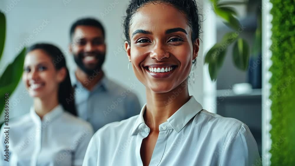 Diverse team collaboration with smiling professionals in a modern office