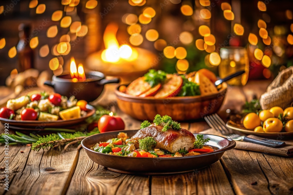 Delicious Home-Cooked Meal with Bokeh Background - Family Dinner Delicious Home-Cooked Meal with Bokeh Background - Family Dinner