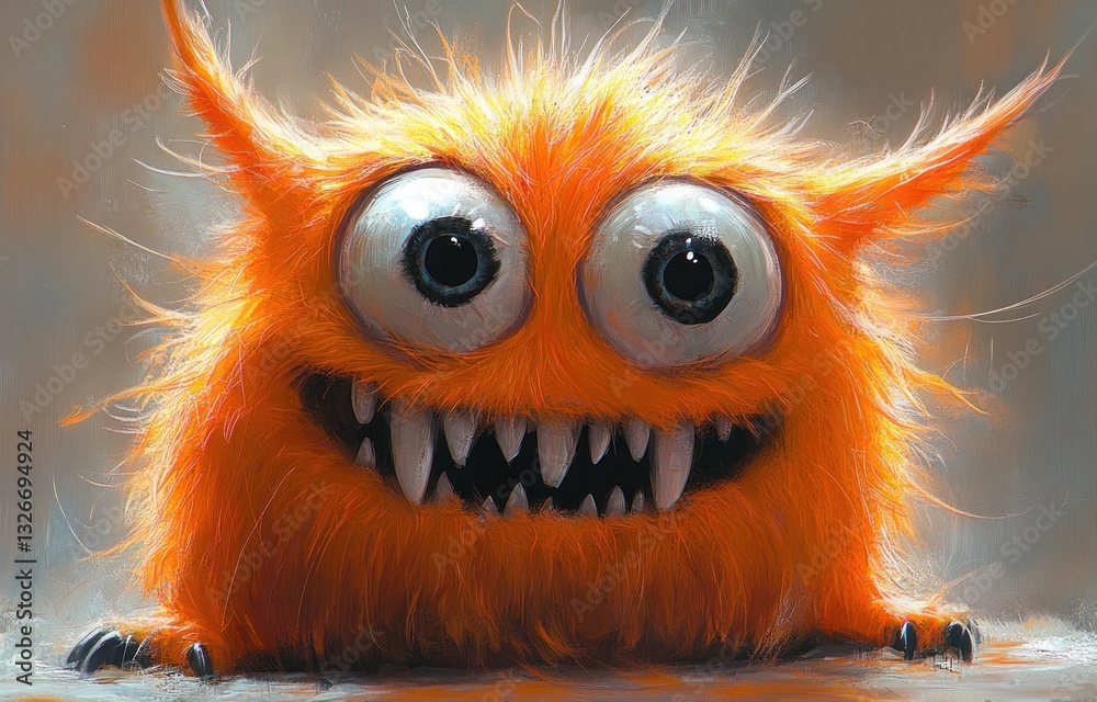 Obraz premium Playful Orange Furry Monster with Expressive Face Looking Cheerfully at the Camera