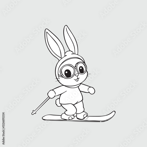 Coloring page of a cute cartoon bunny skiing. Colouring book for kids. Vector outline illustration