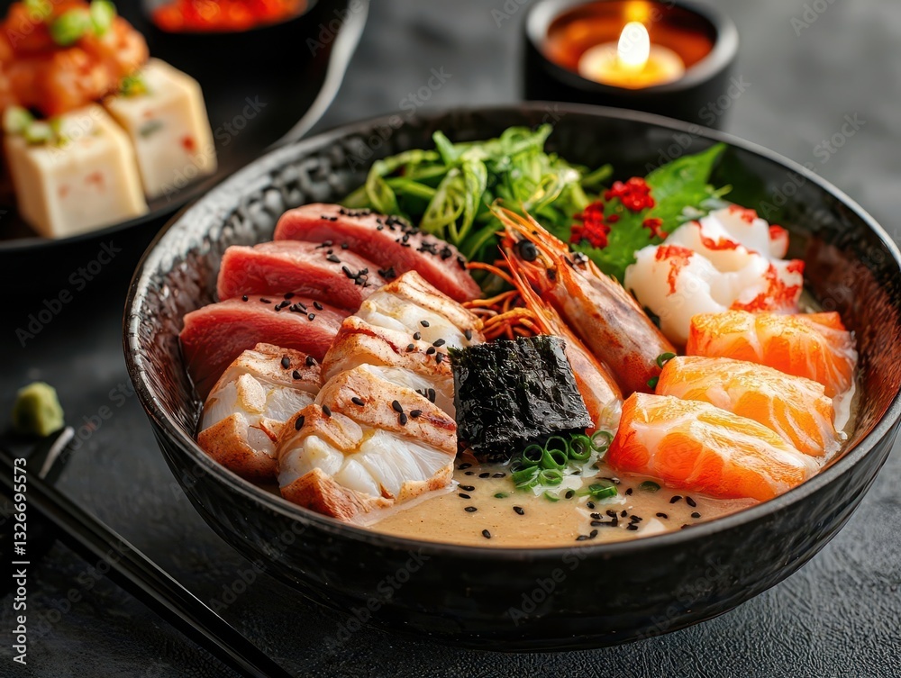 A beautifully arranged bowl of sushi featuring various types of sashimi, garnished with greens and served next to a candlelit ambiance. A beautifully arranged bowl of sushi featuring various types of sashimi, garnished with greens and served next to a candlelit ambiance.