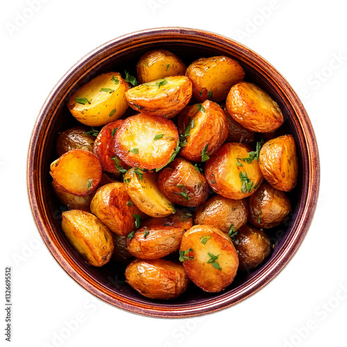 A bowl of roasted baby potatoes isolated on a transparent background