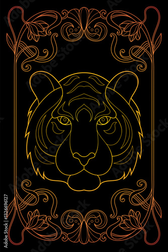 Luxury Art Nouveau Tiger Gold on Black Art. Vintage Black and White Animal Illustration. Royal Tarot Deck Design.