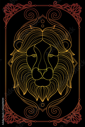 Luxury Art Nouveau Lion Gold on Black Art. Vintage Black and White Animal Illustration. Royal Tarot Deck Design.