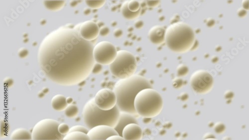 Flowing 3D light grey bubbles fizz flowing up motion background, shiny sphere pearls scattered around. Cosmetic product molecule particles, studio background.