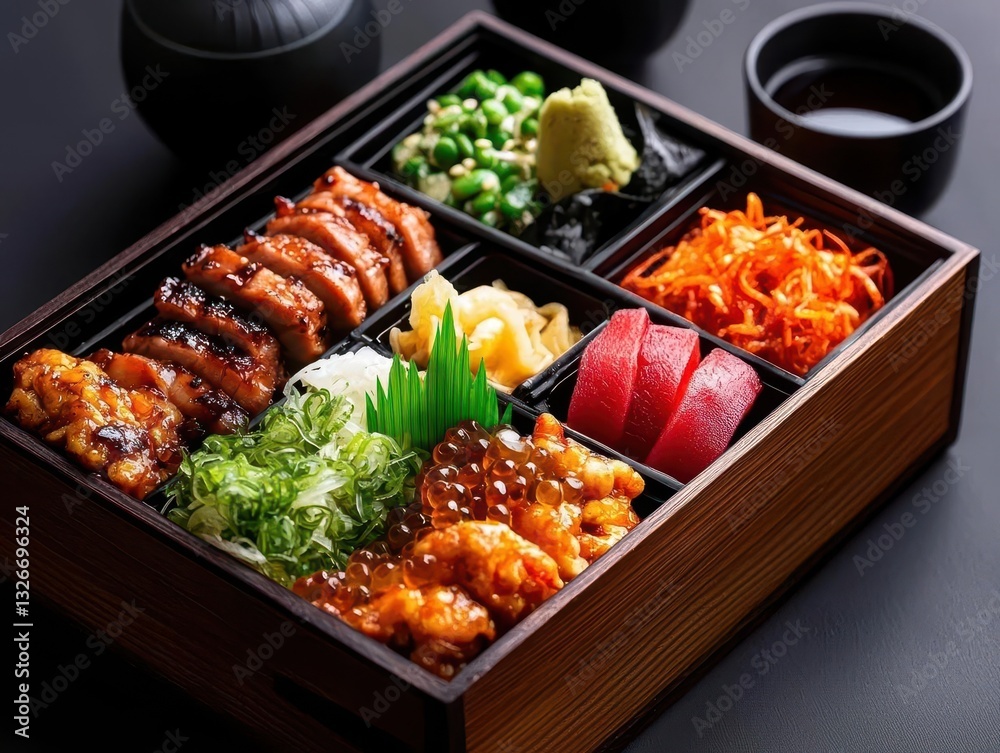 A vibrant bento box filled with assorted Japanese dishes, featuring grilled meats, vegetables, sushi, and garnishes, beautifully arranged for an appetizing presentation. A vibrant bento box filled with assorted Japanese dishes, featuring grilled meats, vegetables, sushi, and garnishes, beautifully arranged for an appetizing presentation.