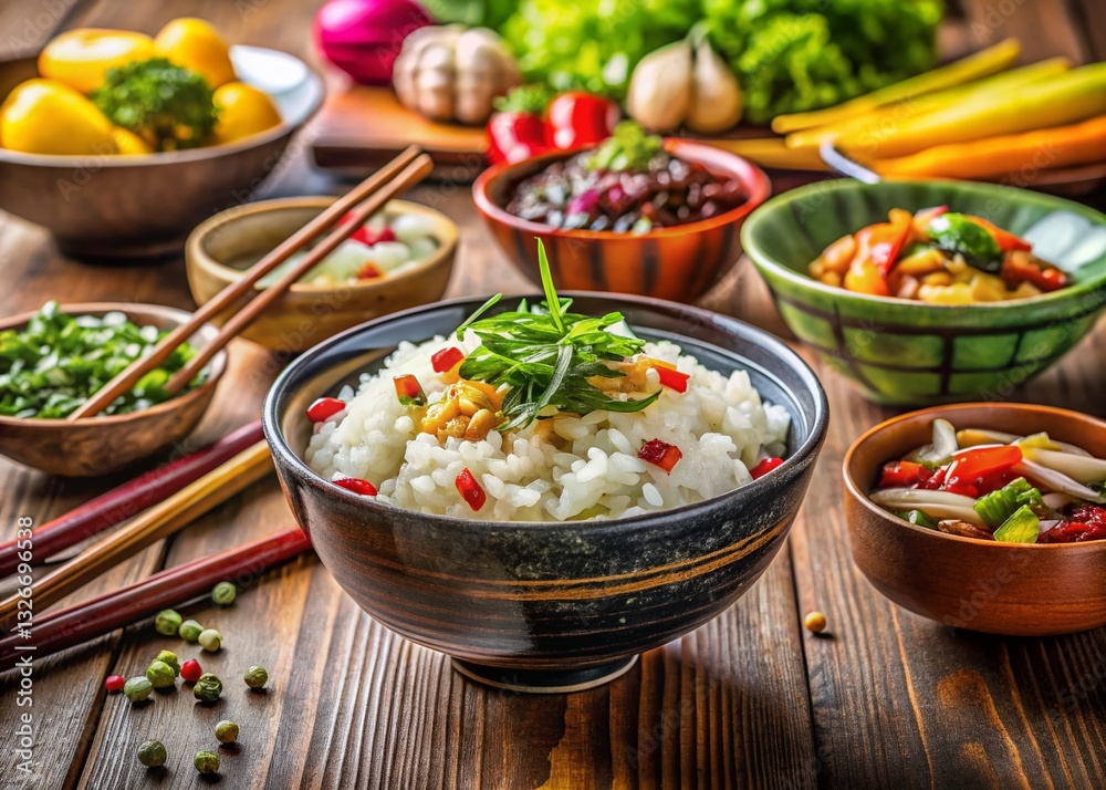 Delicious Japanese Rice Bowl with Chopsticks and Side Dishes - Panoramic Stock Photo Delicious Japanese Rice Bowl with Chopsticks and Side Dishes - Panoramic Stock Photo