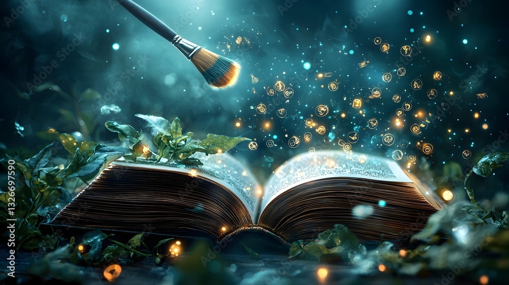 Obraz premium Magical paintbrush hovers above an open book painting a canvas filled with glowing symbolic expressions in a surreal imaginative scene