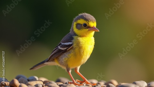 A baby starling with bright yellow and black feathers stands on pebbles against a blurred green background