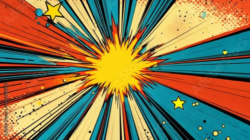 Dynamic comic book style radial burst animation with vibrant colors and star accents