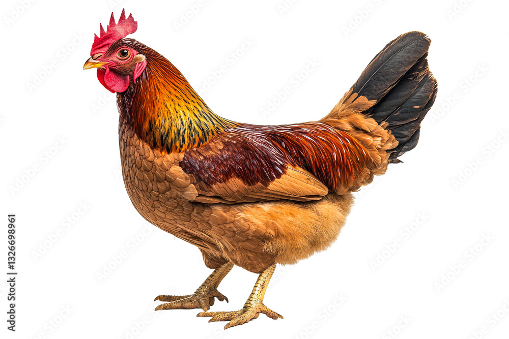 Fototapeta premium Colorful hen standing proudly on clear background