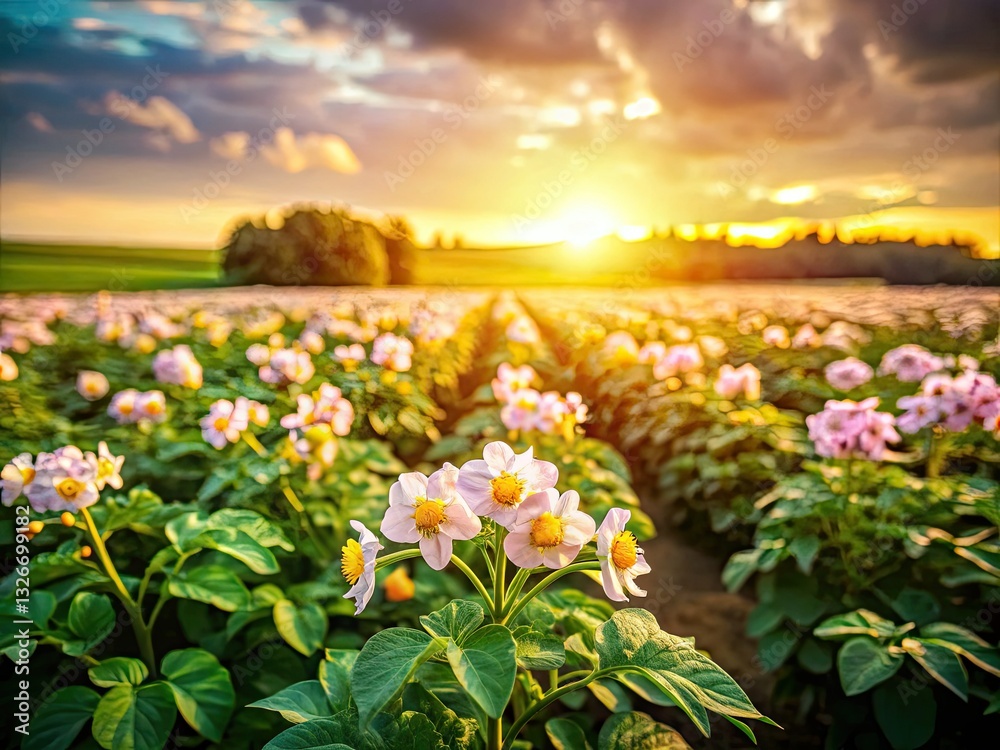 Obraz premium Tiny potato plants bloom in a whimsical tilt-shift landscape, a picturesque farmland scene.