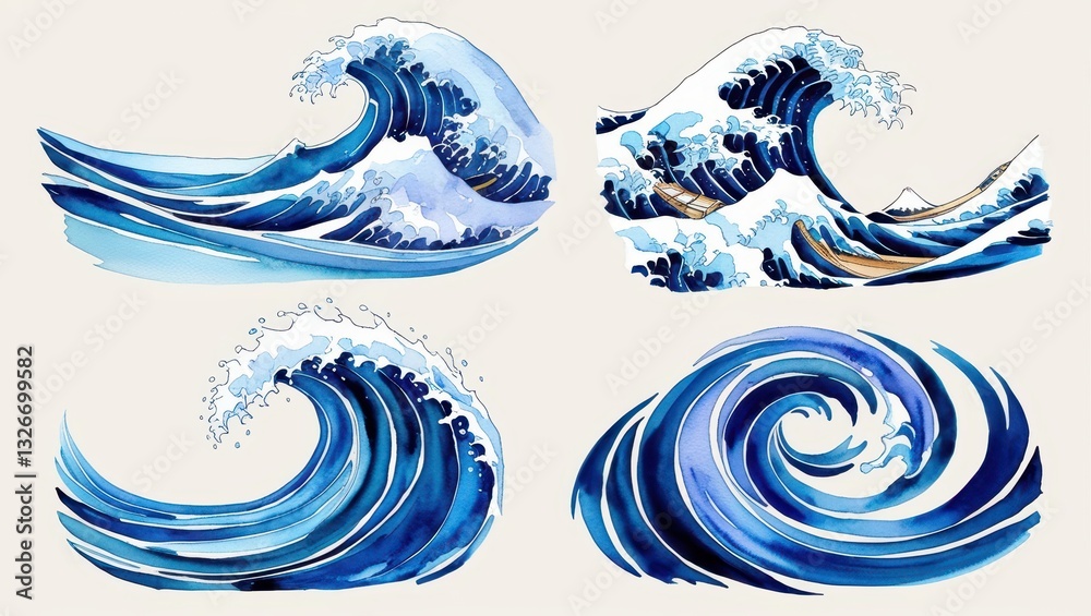 Obraz premium Watercolor Japanese Style Wave Collection Four Unique Ocean Wave Designs in Blue Hues