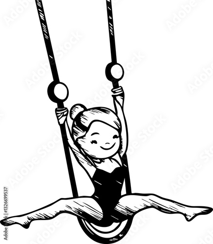 Girl performing aerial gymnastics on rings gymnasium illustration indoor side view movement and grace